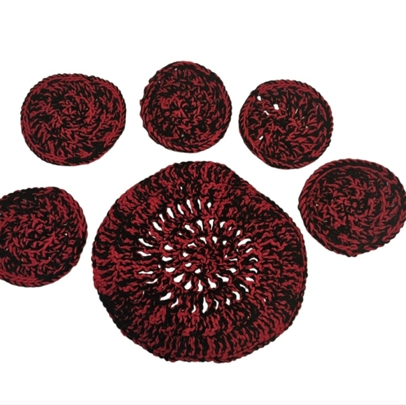 Hand Crafted Hand Knit Crochet Coaster 6pc Set Red & black double stitch floral - Picture 1 of 17
